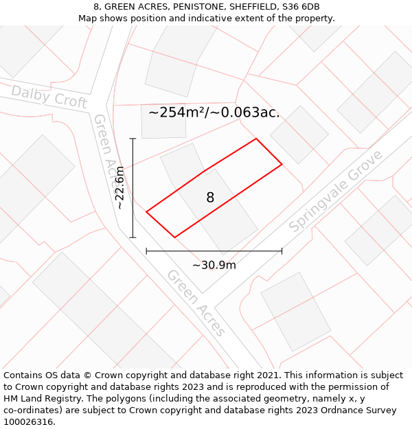 8, GREEN ACRES, PENISTONE, SHEFFIELD, S36 6DB: Plot and title map