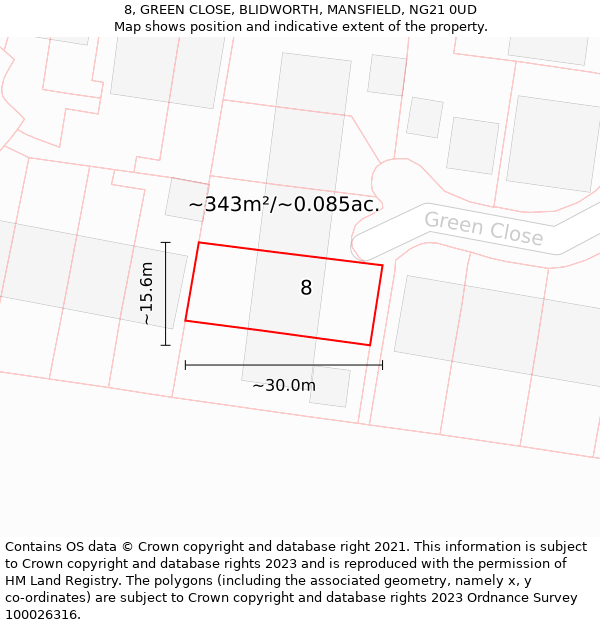 8, GREEN CLOSE, BLIDWORTH, MANSFIELD, NG21 0UD: Plot and title map