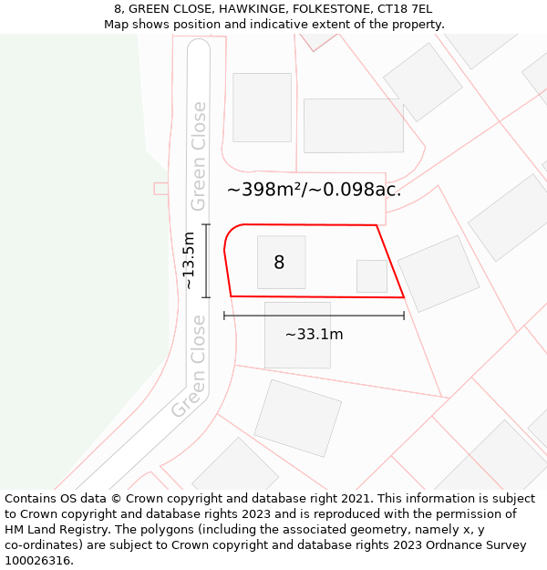 8, GREEN CLOSE, HAWKINGE, FOLKESTONE, CT18 7EL: Plot and title map