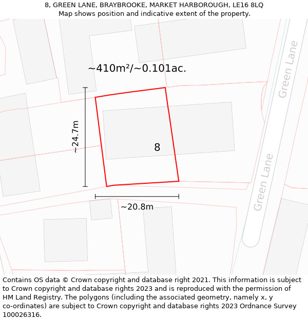 8, GREEN LANE, BRAYBROOKE, MARKET HARBOROUGH, LE16 8LQ: Plot and title map