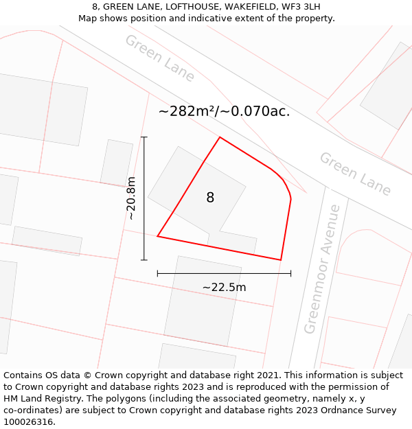 8, GREEN LANE, LOFTHOUSE, WAKEFIELD, WF3 3LH: Plot and title map