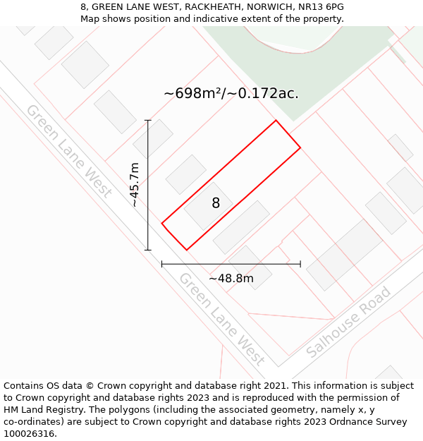 8, GREEN LANE WEST, RACKHEATH, NORWICH, NR13 6PG: Plot and title map
