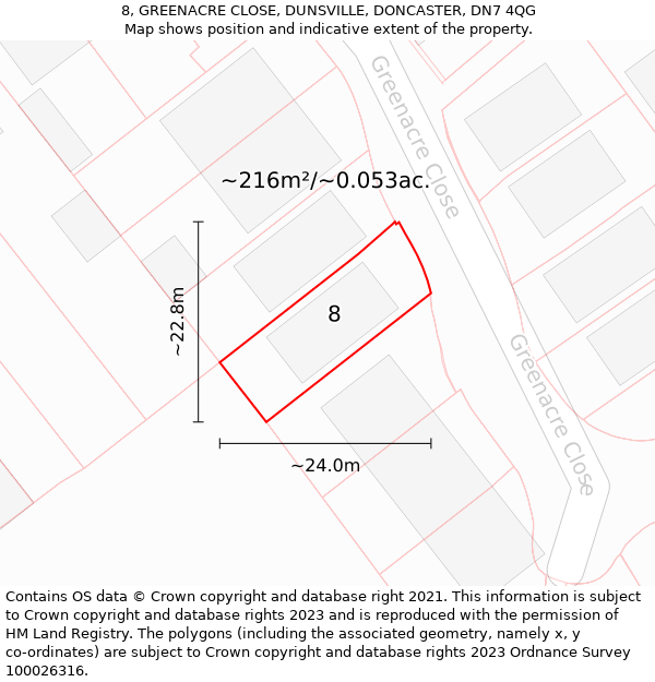 8, GREENACRE CLOSE, DUNSVILLE, DONCASTER, DN7 4QG: Plot and title map