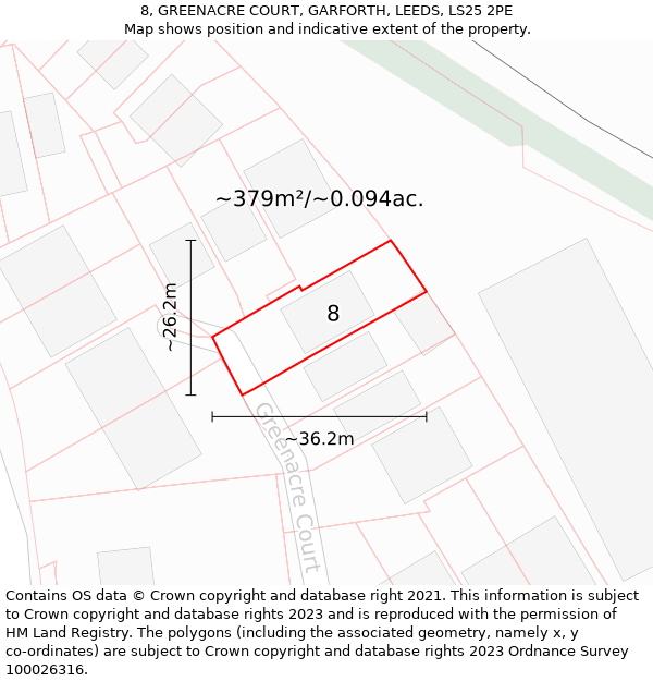 8, GREENACRE COURT, GARFORTH, LEEDS, LS25 2PE: Plot and title map