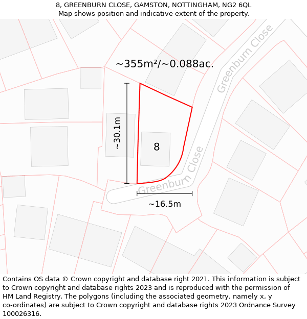 8, GREENBURN CLOSE, GAMSTON, NOTTINGHAM, NG2 6QL: Plot and title map