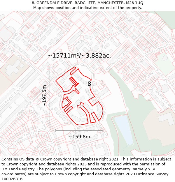 8, GREENDALE DRIVE, RADCLIFFE, MANCHESTER, M26 1UQ: Plot and title map