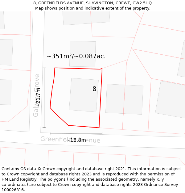 8, GREENFIELDS AVENUE, SHAVINGTON, CREWE, CW2 5HQ: Plot and title map