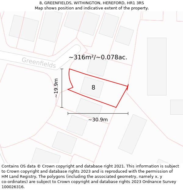 8, GREENFIELDS, WITHINGTON, HEREFORD, HR1 3RS: Plot and title map