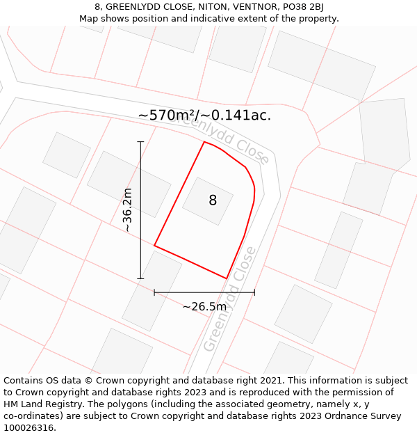 8, GREENLYDD CLOSE, NITON, VENTNOR, PO38 2BJ: Plot and title map