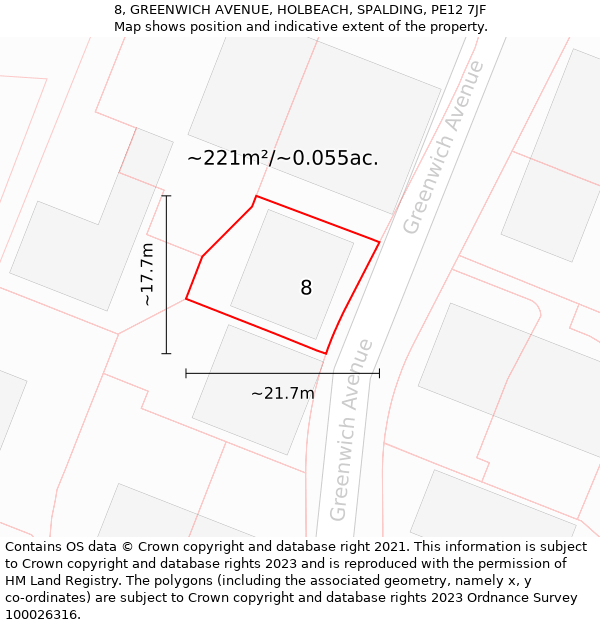 8, GREENWICH AVENUE, HOLBEACH, SPALDING, PE12 7JF: Plot and title map