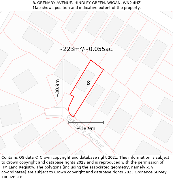 8, GRENABY AVENUE, HINDLEY GREEN, WIGAN, WN2 4HZ: Plot and title map