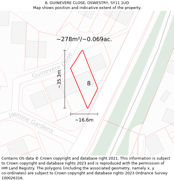 8, GUINEVERE CLOSE, OSWESTRY, SY11 1UD: Plot and title map