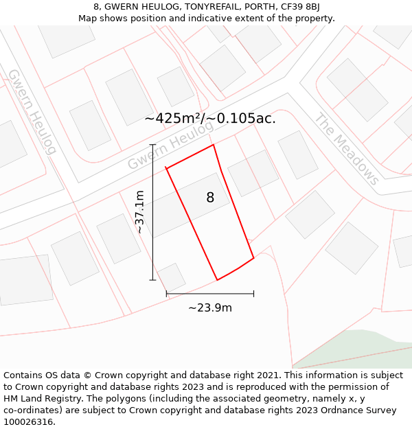 8, GWERN HEULOG, TONYREFAIL, PORTH, CF39 8BJ: Plot and title map