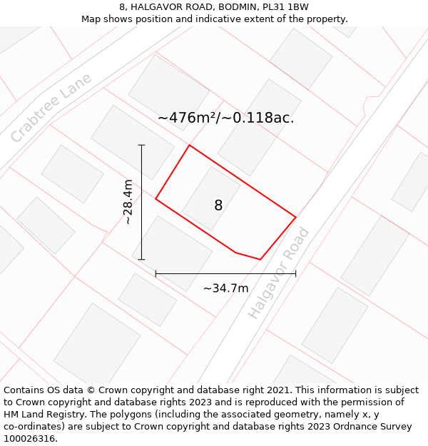 8, HALGAVOR ROAD, BODMIN, PL31 1BW: Plot and title map