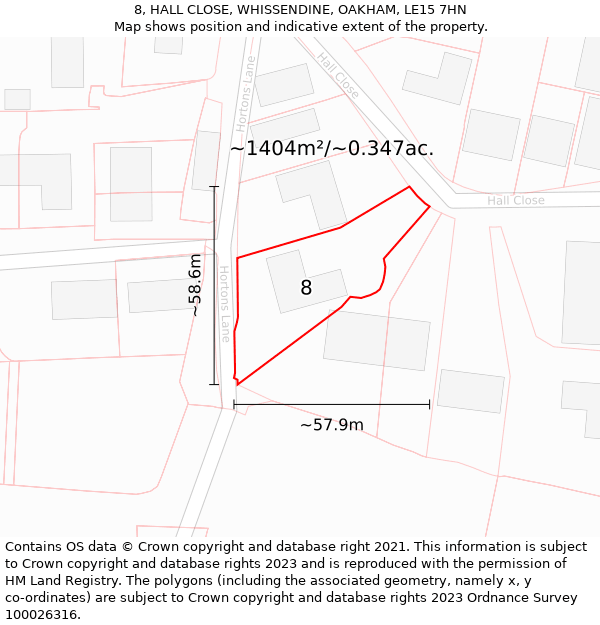 8, HALL CLOSE, WHISSENDINE, OAKHAM, LE15 7HN: Plot and title map