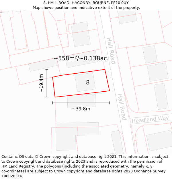 8, HALL ROAD, HACONBY, BOURNE, PE10 0UY: Plot and title map