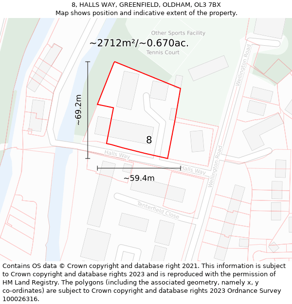 8, HALLS WAY, GREENFIELD, OLDHAM, OL3 7BX: Plot and title map