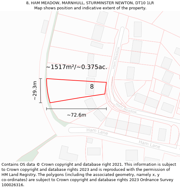 8, HAM MEADOW, MARNHULL, STURMINSTER NEWTON, DT10 1LR: Plot and title map