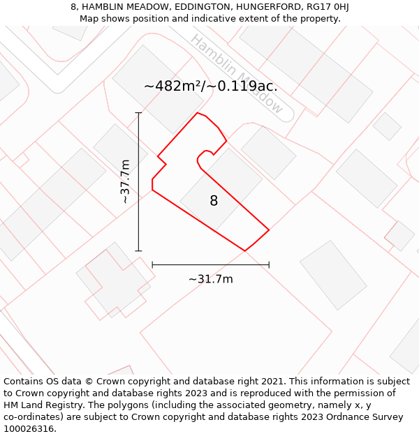 8, HAMBLIN MEADOW, EDDINGTON, HUNGERFORD, RG17 0HJ: Plot and title map