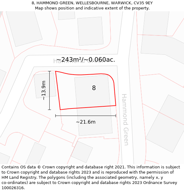 8, HAMMOND GREEN, WELLESBOURNE, WARWICK, CV35 9EY: Plot and title map