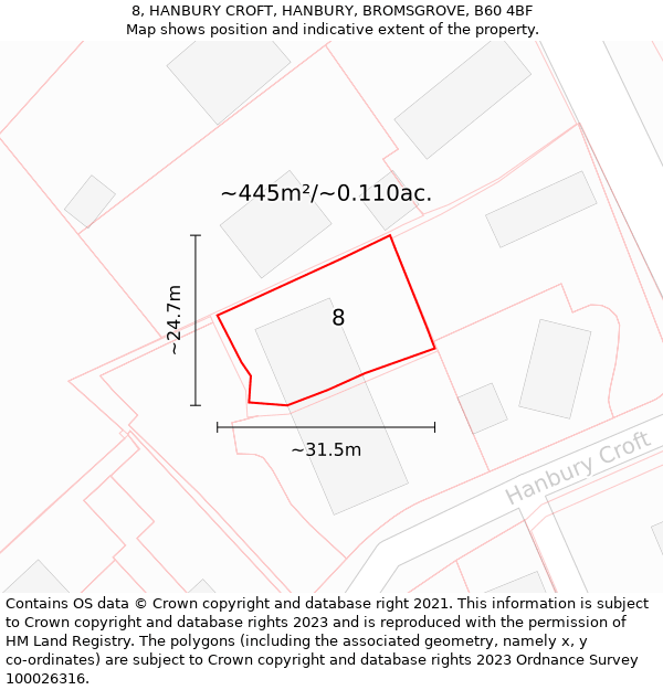 8, HANBURY CROFT, HANBURY, BROMSGROVE, B60 4BF: Plot and title map