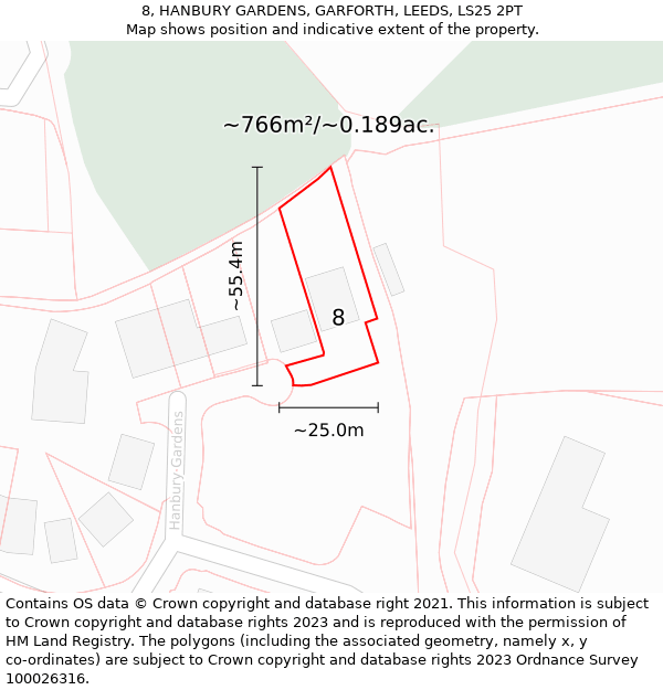 8, HANBURY GARDENS, GARFORTH, LEEDS, LS25 2PT: Plot and title map