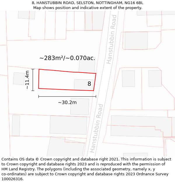 8, HANSTUBBIN ROAD, SELSTON, NOTTINGHAM, NG16 6BL: Plot and title map