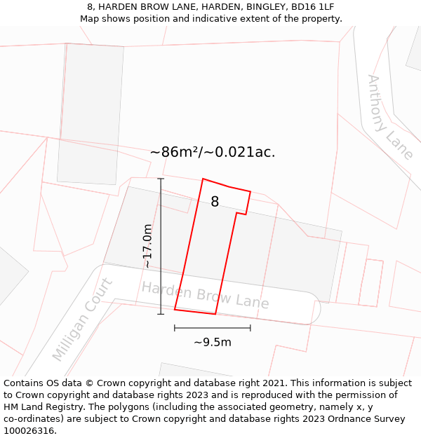 8, HARDEN BROW LANE, HARDEN, BINGLEY, BD16 1LF: Plot and title map