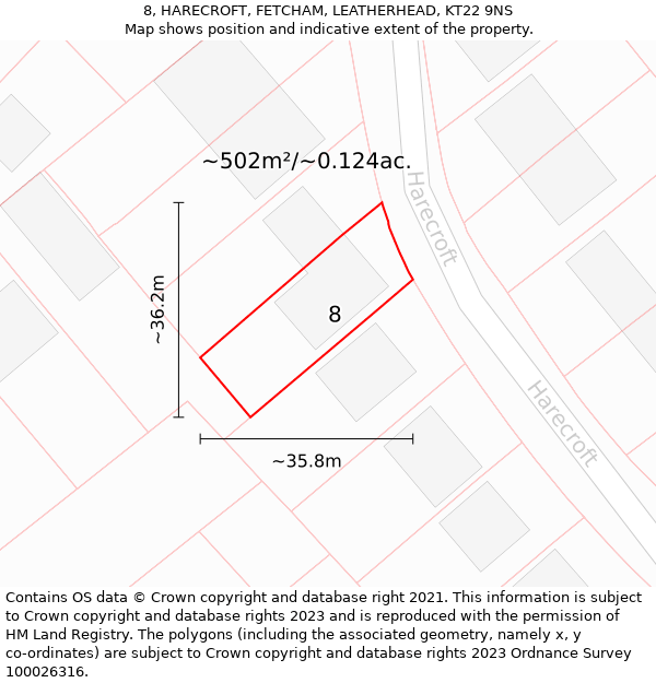 8, HARECROFT, FETCHAM, LEATHERHEAD, KT22 9NS: Plot and title map