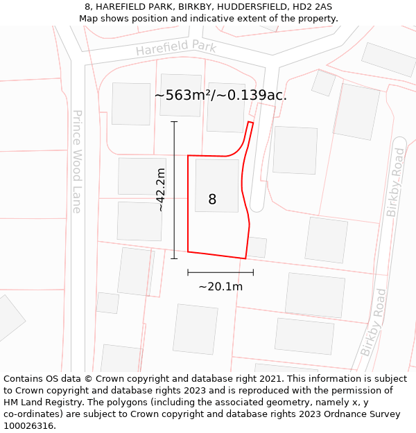 8, HAREFIELD PARK, BIRKBY, HUDDERSFIELD, HD2 2AS: Plot and title map