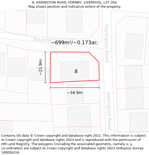 8, HARINGTON ROAD, FORMBY, LIVERPOOL, L37 1NU: Plot and title map