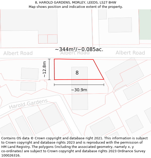 8, HAROLD GARDENS, MORLEY, LEEDS, LS27 8HW: Plot and title map