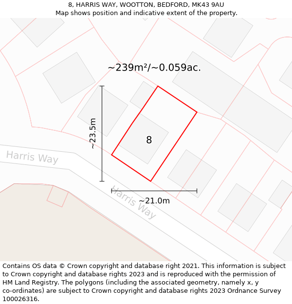 8, HARRIS WAY, WOOTTON, BEDFORD, MK43 9AU: Plot and title map