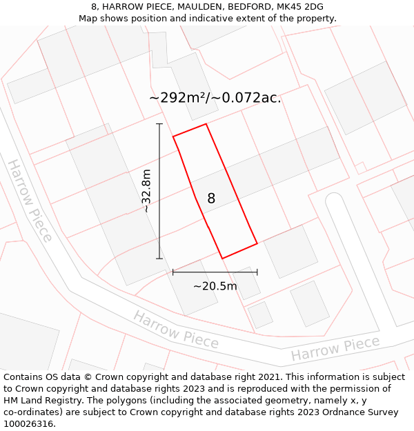 8, HARROW PIECE, MAULDEN, BEDFORD, MK45 2DG: Plot and title map