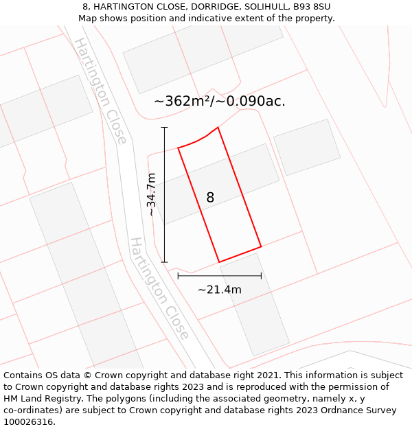 8, HARTINGTON CLOSE, DORRIDGE, SOLIHULL, B93 8SU: Plot and title map