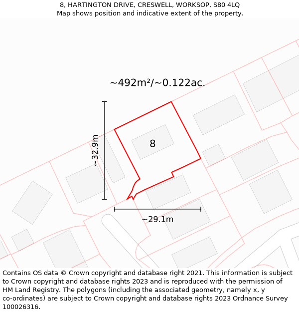 8, HARTINGTON DRIVE, CRESWELL, WORKSOP, S80 4LQ: Plot and title map