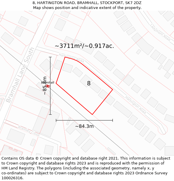 8, HARTINGTON ROAD, BRAMHALL, STOCKPORT, SK7 2DZ: Plot and title map