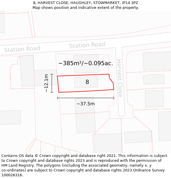 8, HARVEST CLOSE, HAUGHLEY, STOWMARKET, IP14 3PZ: Plot and title map