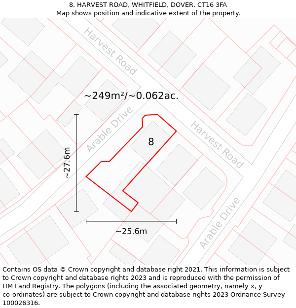 8, HARVEST ROAD, WHITFIELD, DOVER, CT16 3FA: Plot and title map