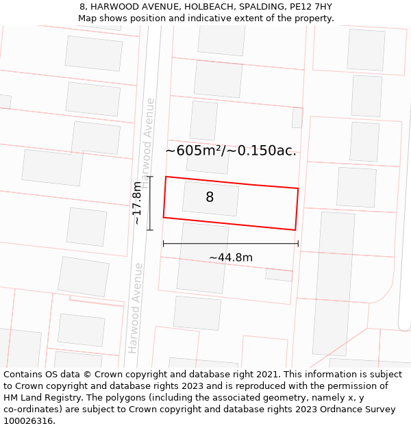 8, HARWOOD AVENUE, HOLBEACH, SPALDING, PE12 7HY: Plot and title map