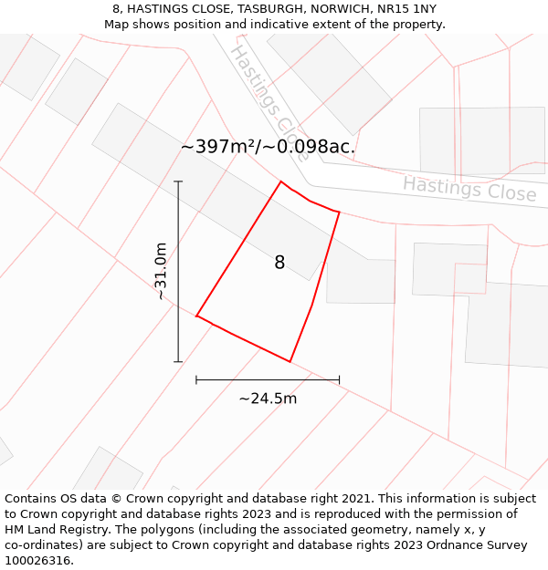 8, HASTINGS CLOSE, TASBURGH, NORWICH, NR15 1NY: Plot and title map