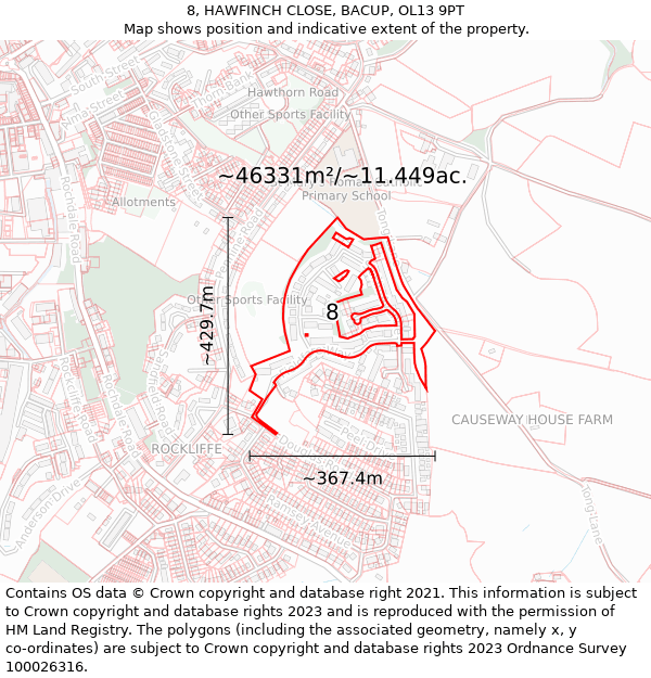 8, HAWFINCH CLOSE, BACUP, OL13 9PT: Plot and title map