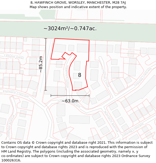 8, HAWFINCH GROVE, WORSLEY, MANCHESTER, M28 7AJ: Plot and title map