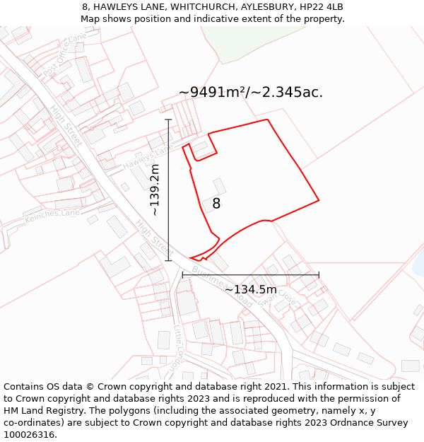 8, HAWLEYS LANE, WHITCHURCH, AYLESBURY, HP22 4LB: Plot and title map