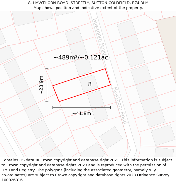 8, HAWTHORN ROAD, STREETLY, SUTTON COLDFIELD, B74 3HY: Plot and title map