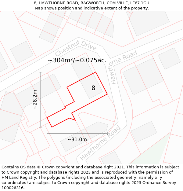 8, HAWTHORNE ROAD, BAGWORTH, COALVILLE, LE67 1GU: Plot and title map