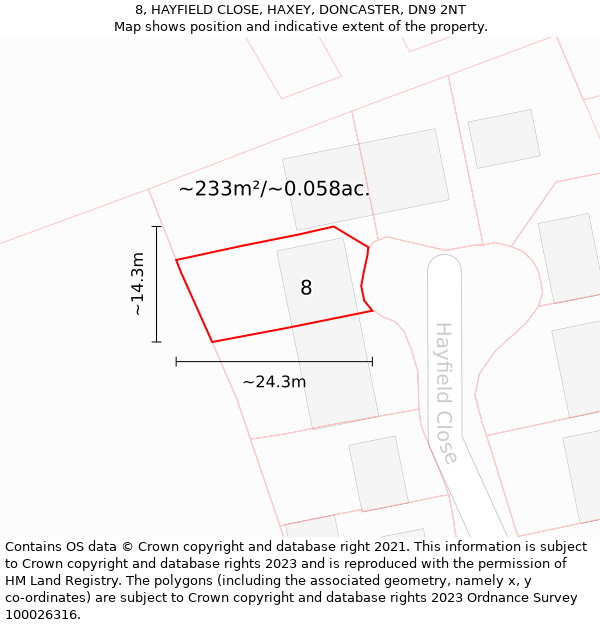 8, HAYFIELD CLOSE, HAXEY, DONCASTER, DN9 2NT: Plot and title map