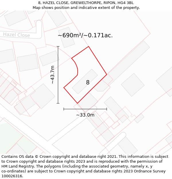 8, HAZEL CLOSE, GREWELTHORPE, RIPON, HG4 3BL: Plot and title map