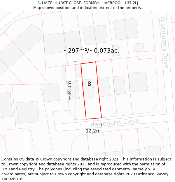 8, HAZELHURST CLOSE, FORMBY, LIVERPOOL, L37 2LJ: Plot and title map