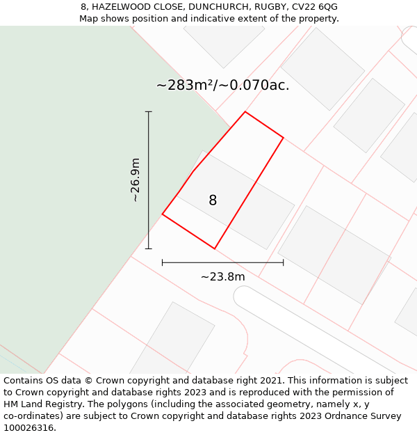 8, HAZELWOOD CLOSE, DUNCHURCH, RUGBY, CV22 6QG: Plot and title map